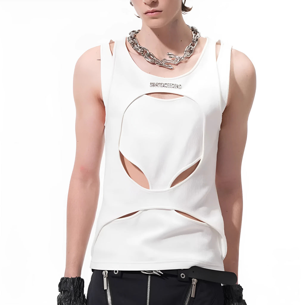 Men's loose fit sleeveless waistcoat vest in black shown on a hanger