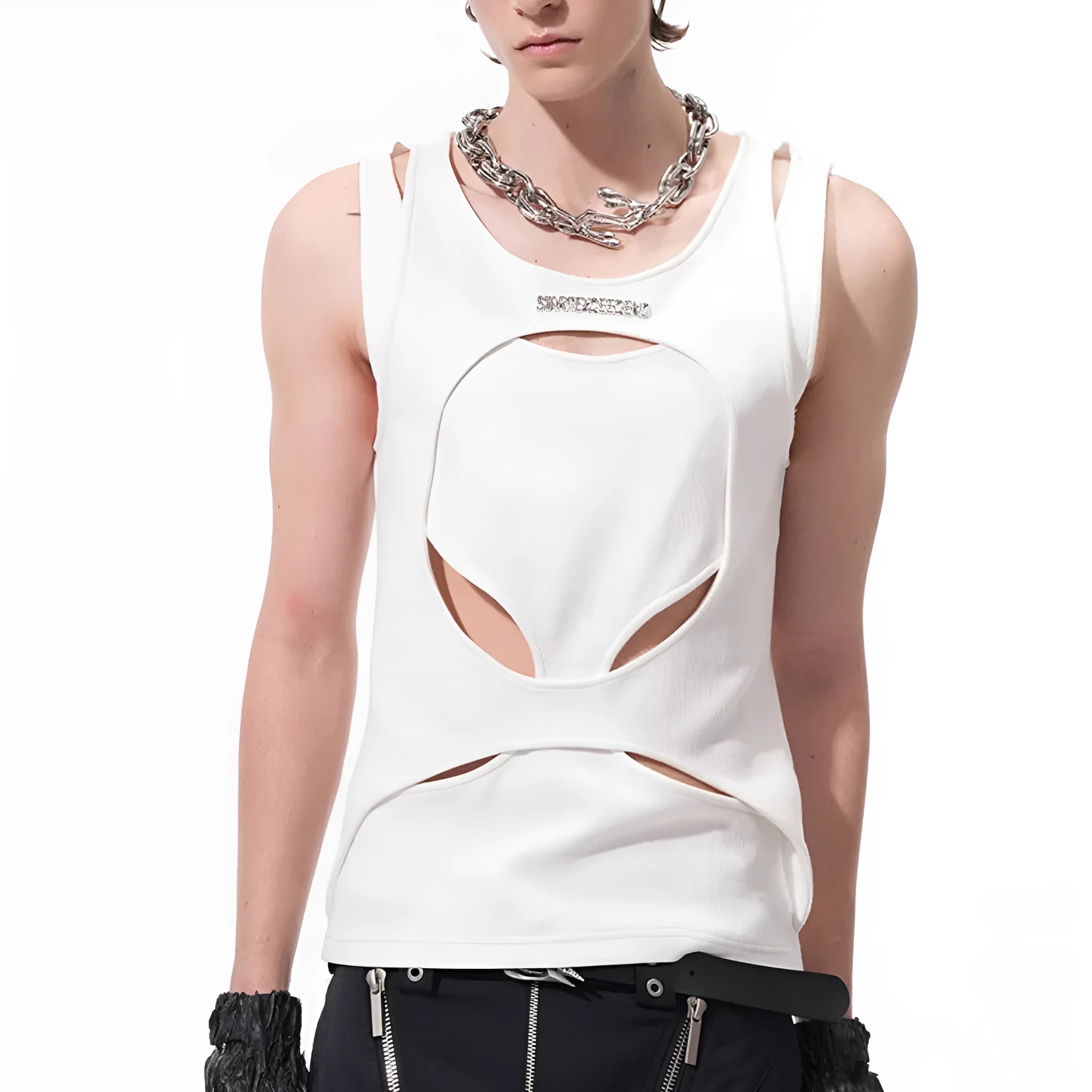 Men's loose fit sleeveless waistcoat vest in black shown on a hanger