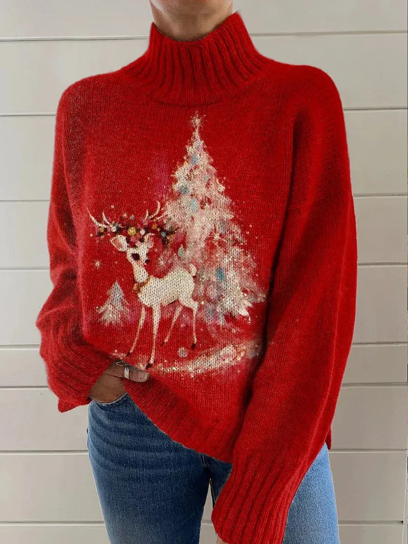 Women's loose fit Christmas printed turtleneck sweater in a macaron colour