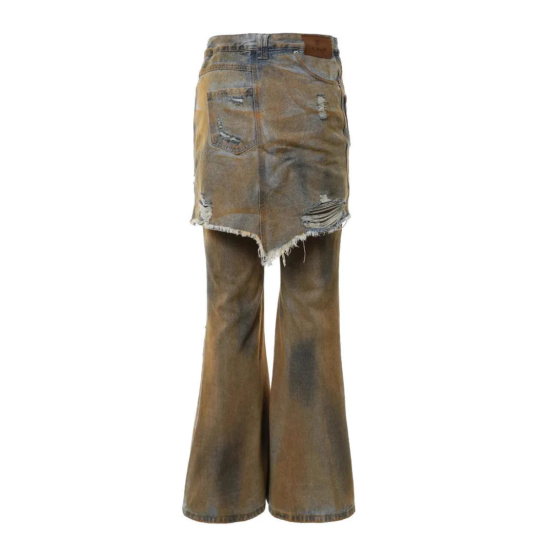 Women's loose hole bootcut jeans in picture colour with a high waist and button fly.