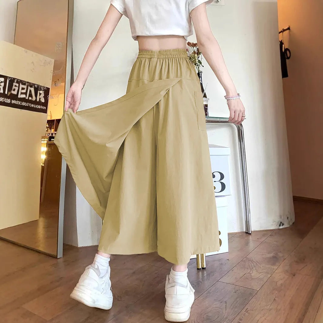 Women's camel-coloured wide-leg skirt with elastic waist in Japanese Korean casual style