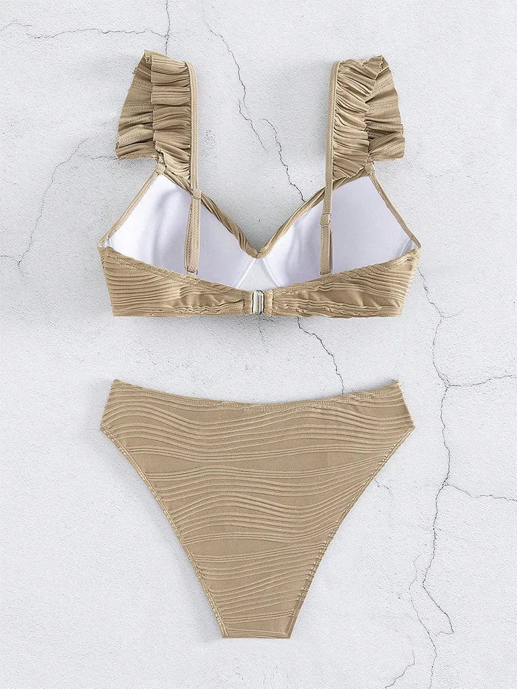 Women's solid colour bikini swimsuit set in black or khaki with two-piece design