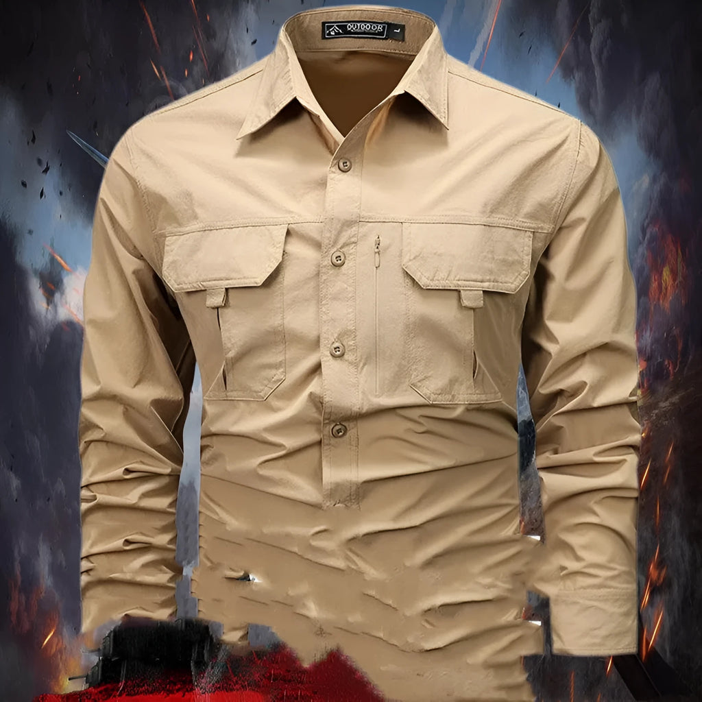Men's retro workwear overshirt in Army Green, loose fit, long sleeves, nylon fabric