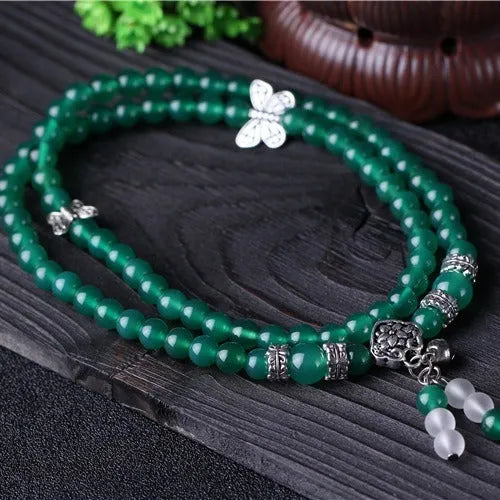 Natural green agate multi-layer bracelet with 6mm beads and three circles