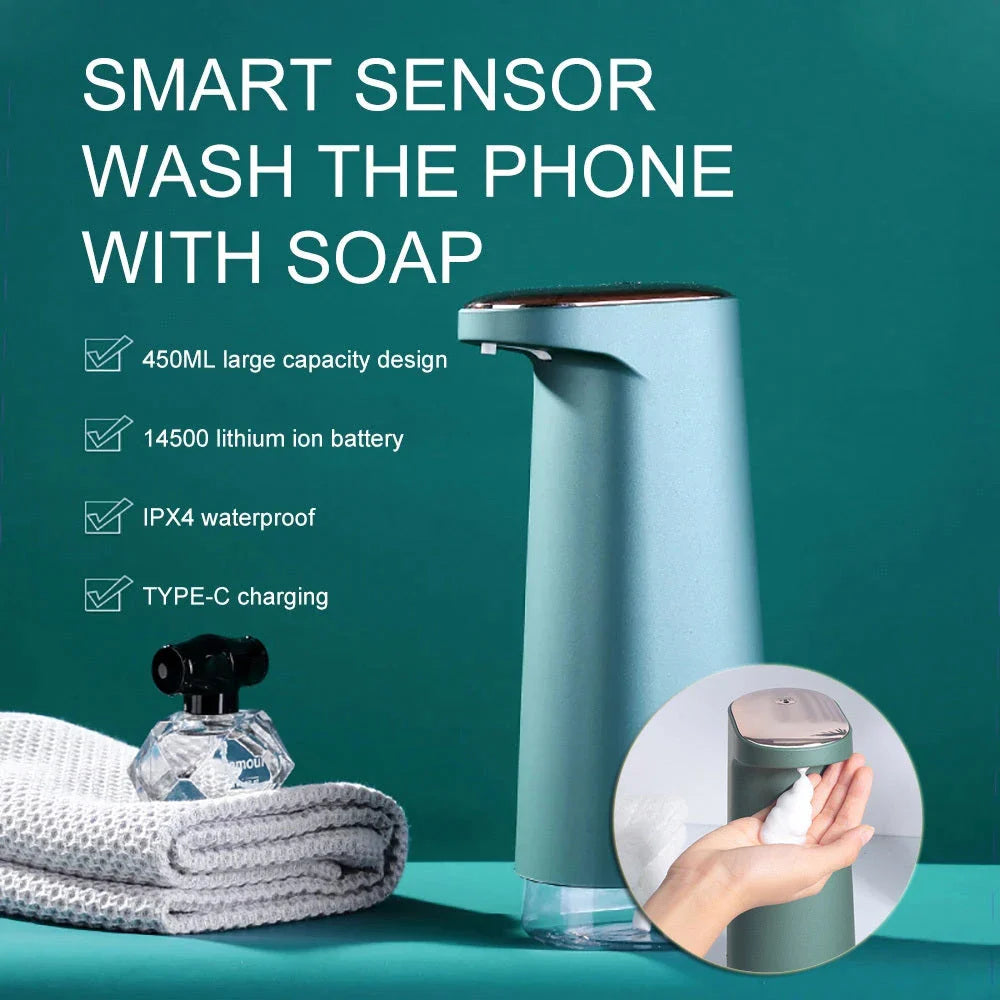 Smart Automatic Foam Soap Dispenser in white, pink, green, and dark green, perfect for touch-free hand washing