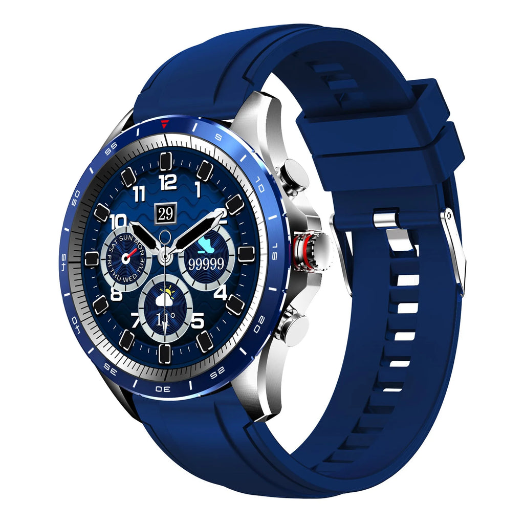 Men's black smart bracelet watch with silicone band and round touch screen display.