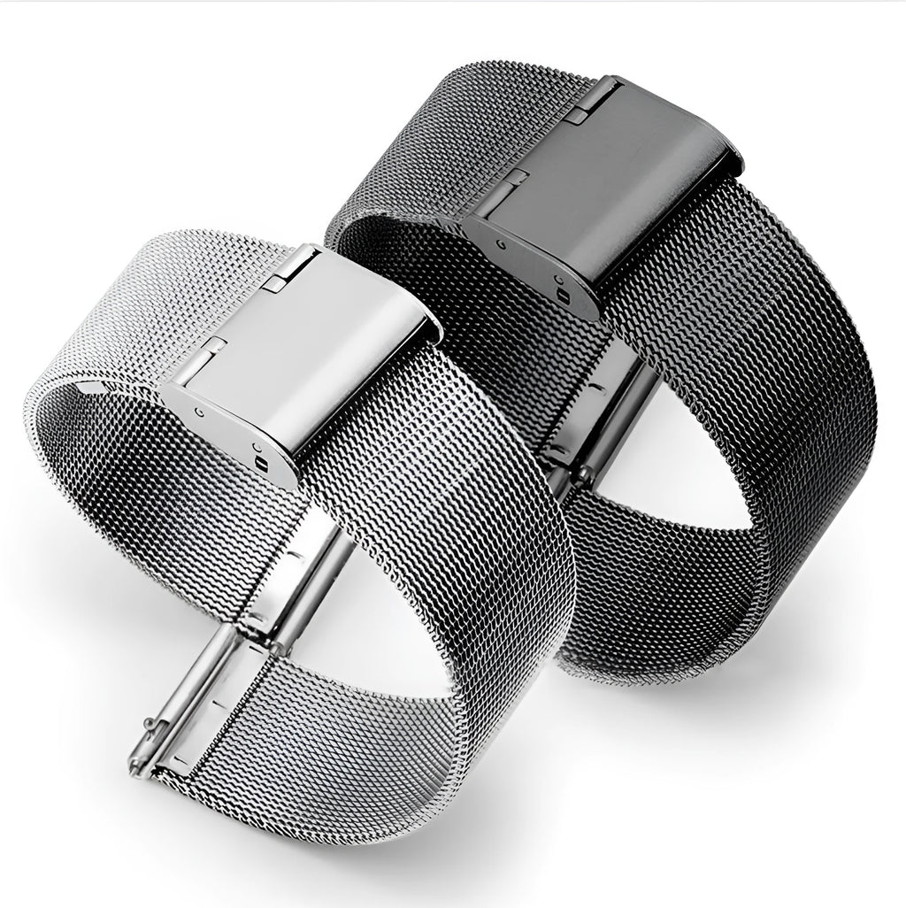 Milani silk woven stainless steel watch band replacement strap showing silver, black, rose gold, and gold colour options
