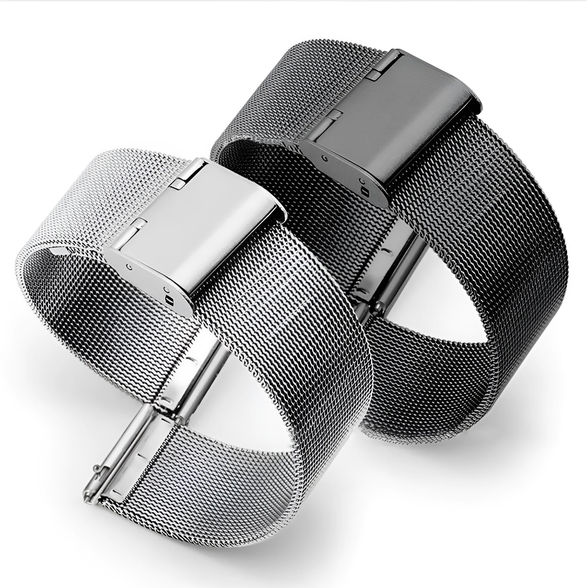 Milani silk woven stainless steel watch band replacement strap showing silver, black, rose gold, and gold colour options