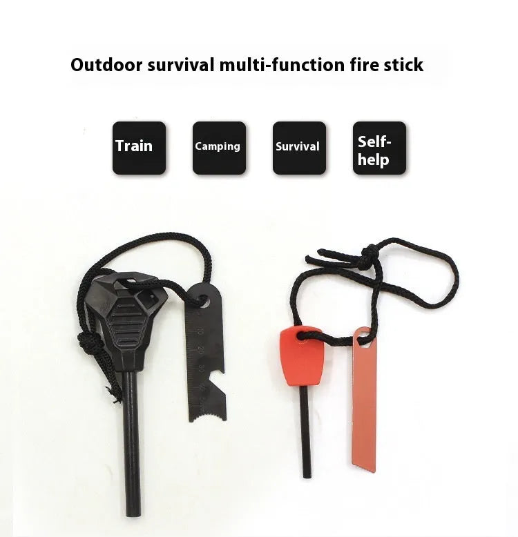 Black outdoor multifunctional flint tool with magnesium rod, steel scraper, whistle, and bottle opener.