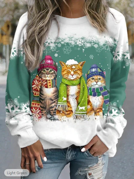 Women's festive snowman and cat print long sleeve t-shirt in loose fit