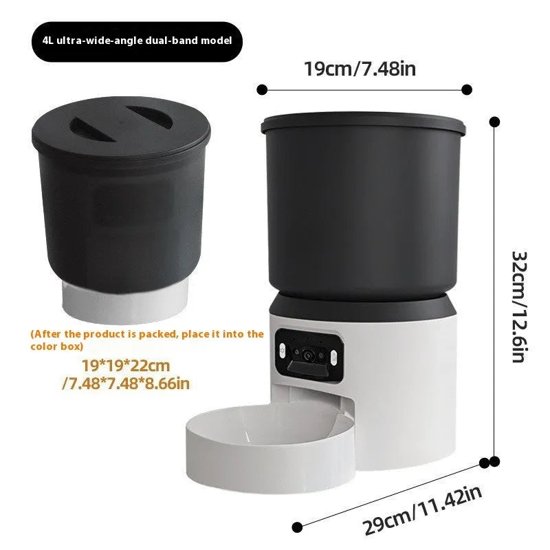 4-litre smart pet feeder with smartphone app showing remote control and video feed.