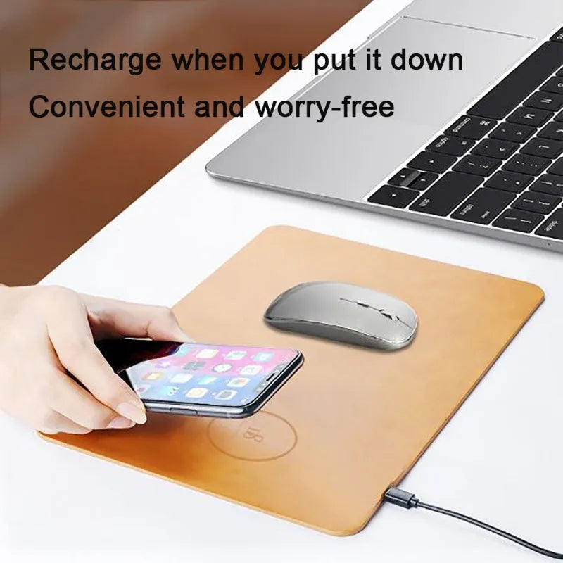 Brown leather-texture wireless charging mouse pad with micro USB cable for Qi-enabled devices.