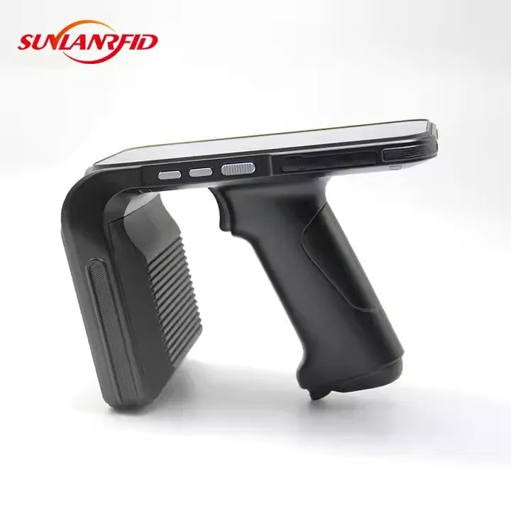 SLP-05 handheld Android UHF RFID scanner with integrated fingerprint reader and barcode scan window.