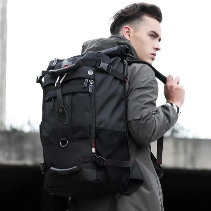 Multifunctional travel bag with multiple compartments in black, green, or blue colours showing 40L and 50L size options