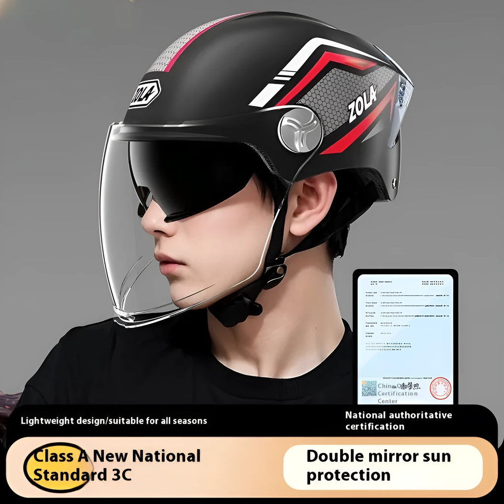 A child's 3C safety-rated half helmet for battery motorcycles, shown in a light brown double mirror colour variant.