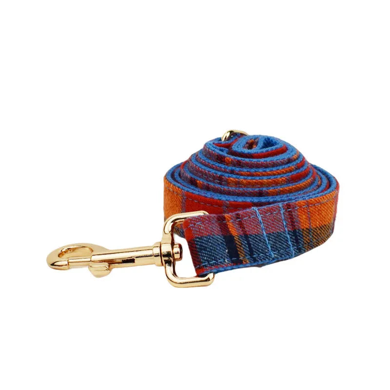 Four-piece dog accessory set with fabric collar, matching lead, decorative bow tie, and coordinating vest