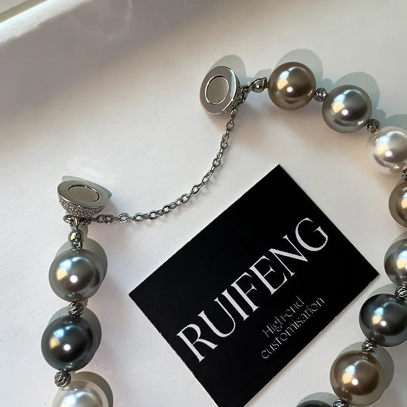 Gray pearl magnetic buckle bracelet for women, RF1034 silver colour, geometric shape with ring element