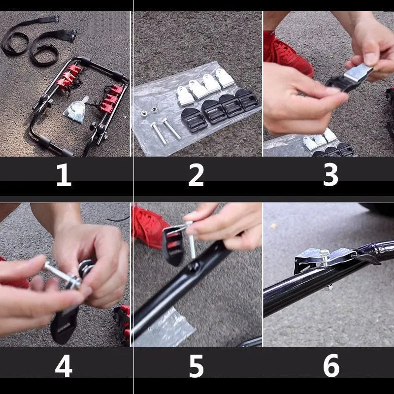 Black and red trunk-mounted car bike rack with iron frame, shown with tie rope fastenings.