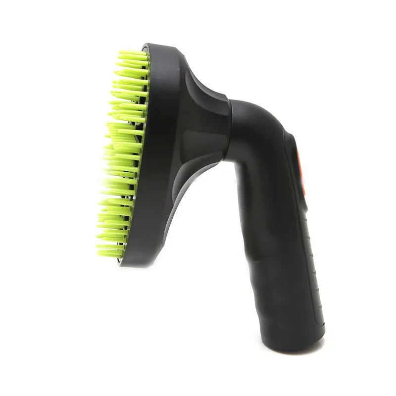 Green and black pet grooming brush vacuum attachment with soft TPE bristles and rotatable head