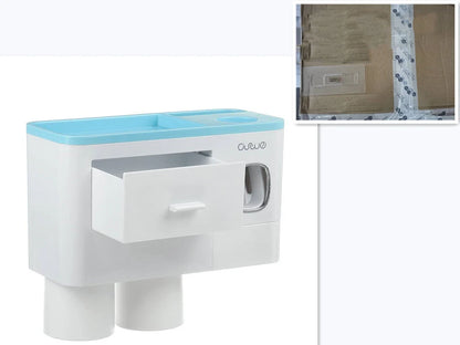 Non-marking hanging magnetic toothbrush holder with toothpaste squeezer in blue and grey