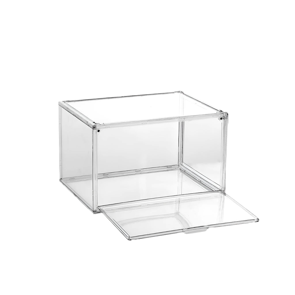 Transparent acrylic shoe storage box with magnetic side door showing shoe inside