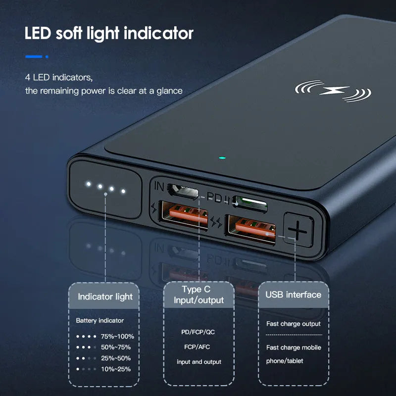 Black and blue alloy shell 10000mAh power bank with wireless charging function.