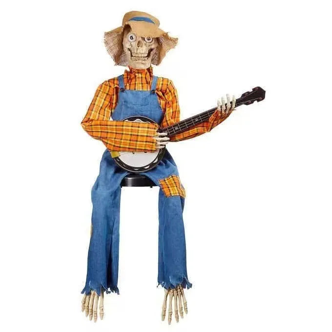 Plastic Halloween banjo skeleton decoration with skull design in red classic colour