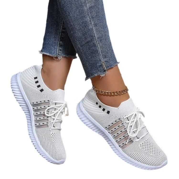Women's white casual flyknit wedge lace-up mesh shoes with round toe and low top