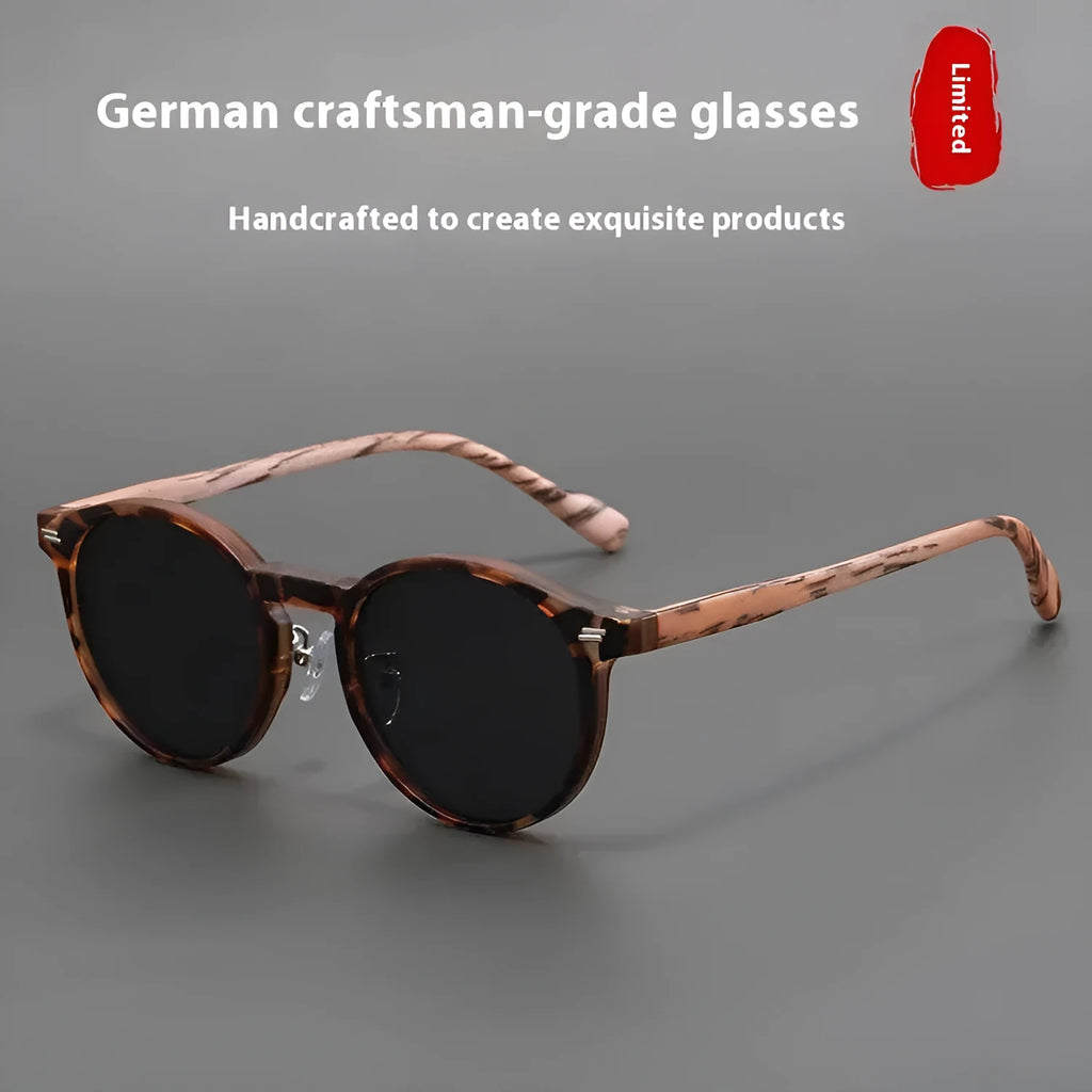 Retro style frosted round rim sunglasses shown in leopard print and grey colour options.