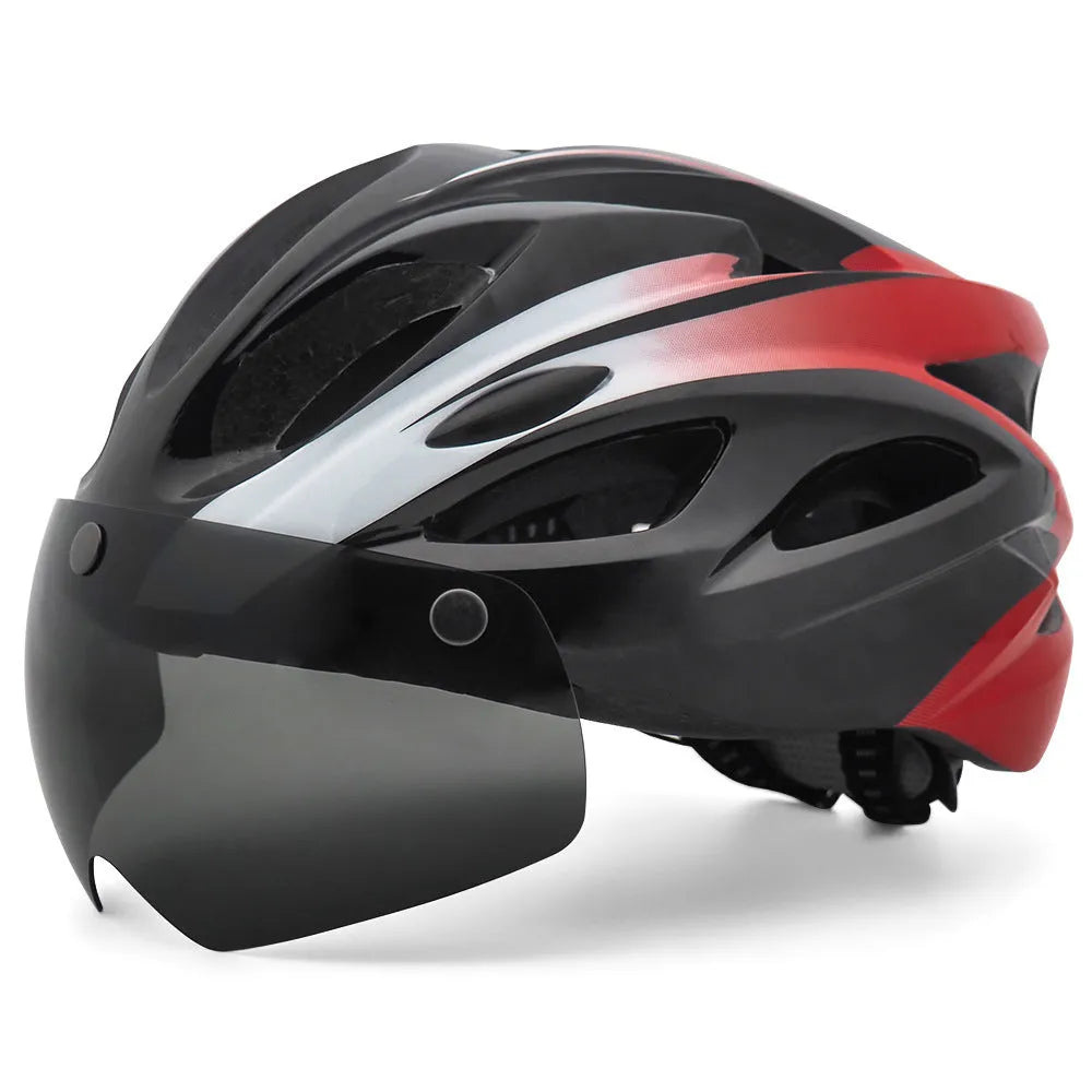 Bicycle helmet with LED light and goggles in lightning black and red colour on a neutral background