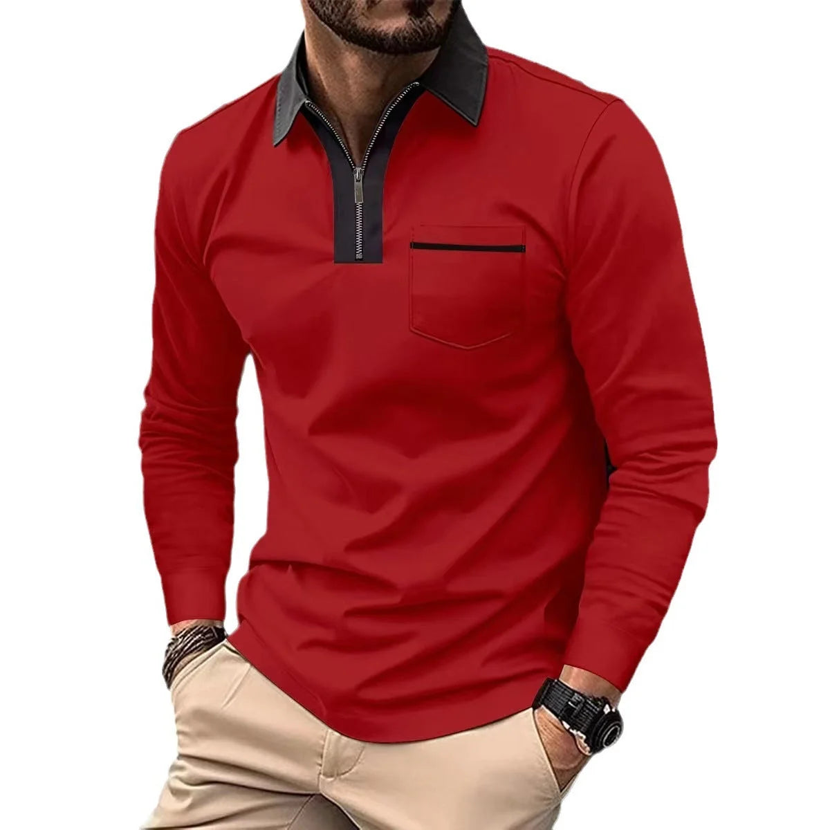 2024 Autumn Men's Long Sleeve Zipper Polo Shirts in various colors