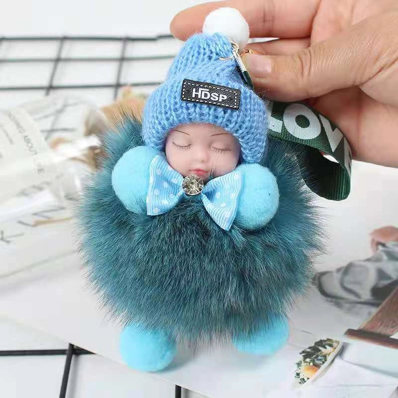 Hand-woven fox fur sleeping doll plush keychain pendant with or without bow