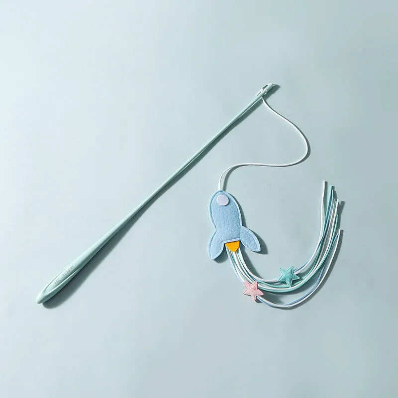 Blue cat teasing toy with long pole, feathered rocket head, and bite-resistant construction.