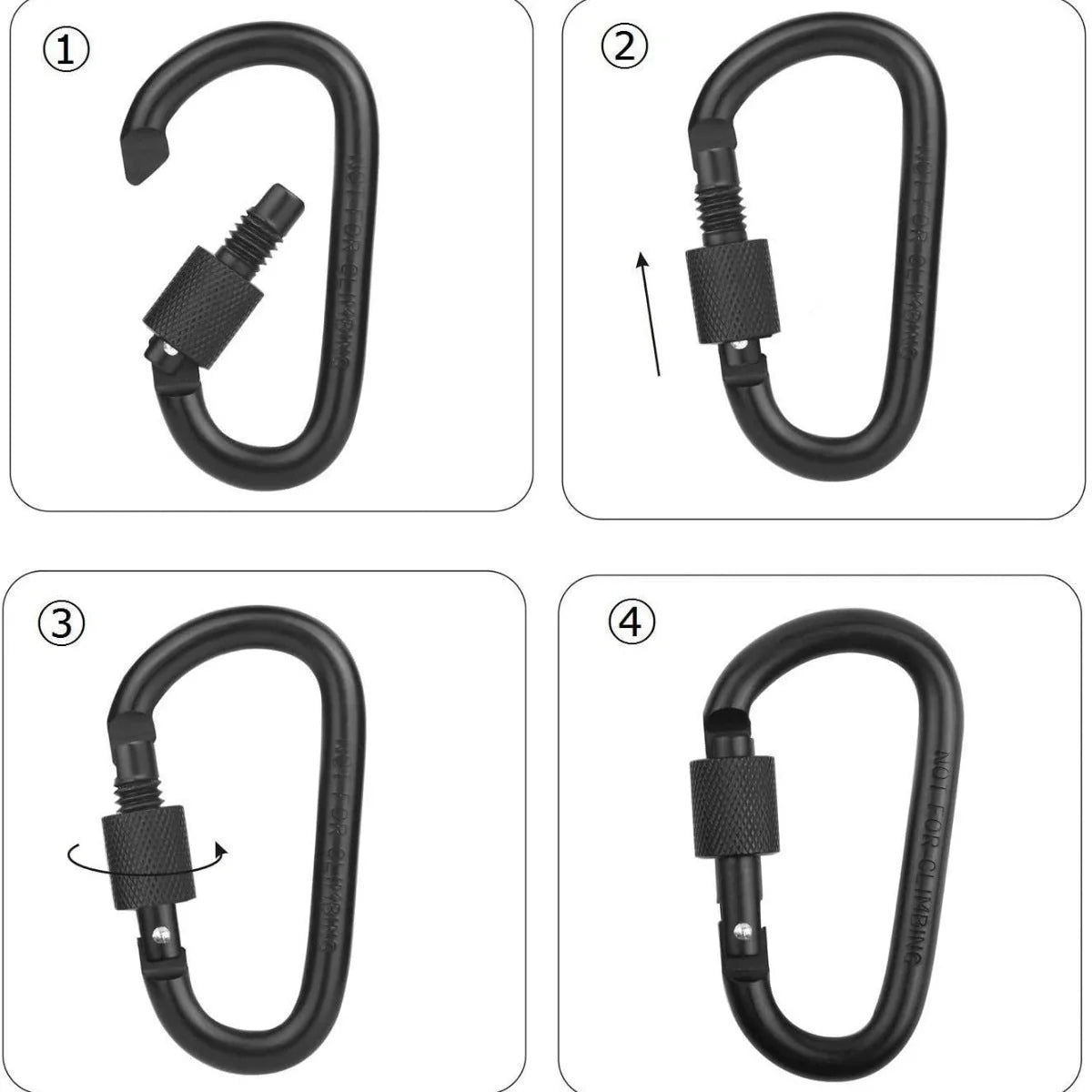 D-Type Aluminum Alloy Carabiner in black, 8cm length, 60kg load capacity