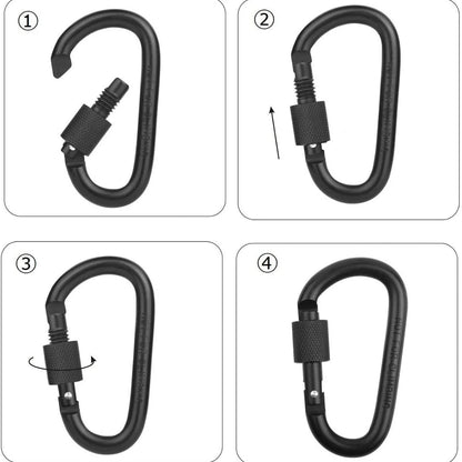 D-Type Aluminum Alloy Carabiner in black, 8cm length, 60kg load capacity