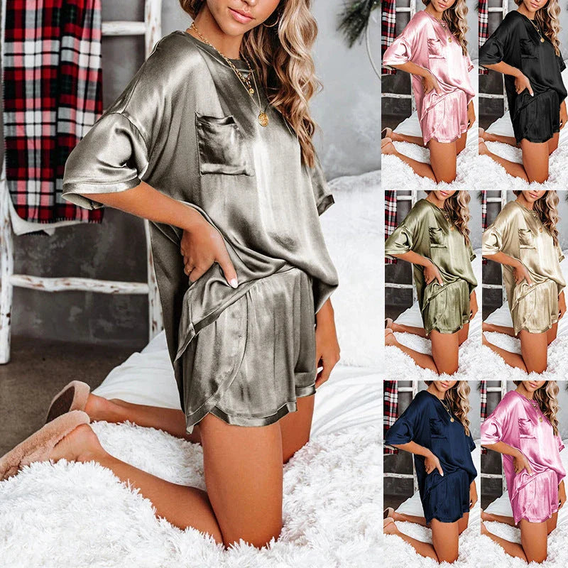 Cozy Short-Sleeve Home Pajama Set with Stitching Details in Various Colors