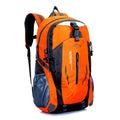 Large red Oxford cloth travel backpack showing front compartment and shoulder straps