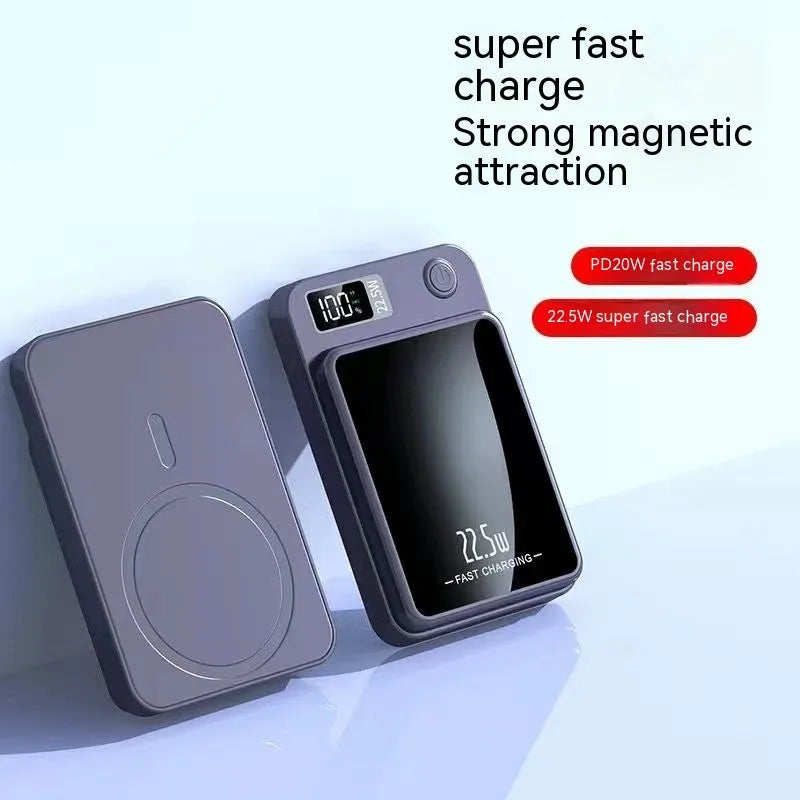 Wireless MagSafe power bank in black, white, purple, or green with industrial plastic shell