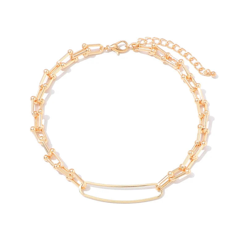 Retro U-shaped double-layer metal chain tag necklace with sparkling rhinestone pendant