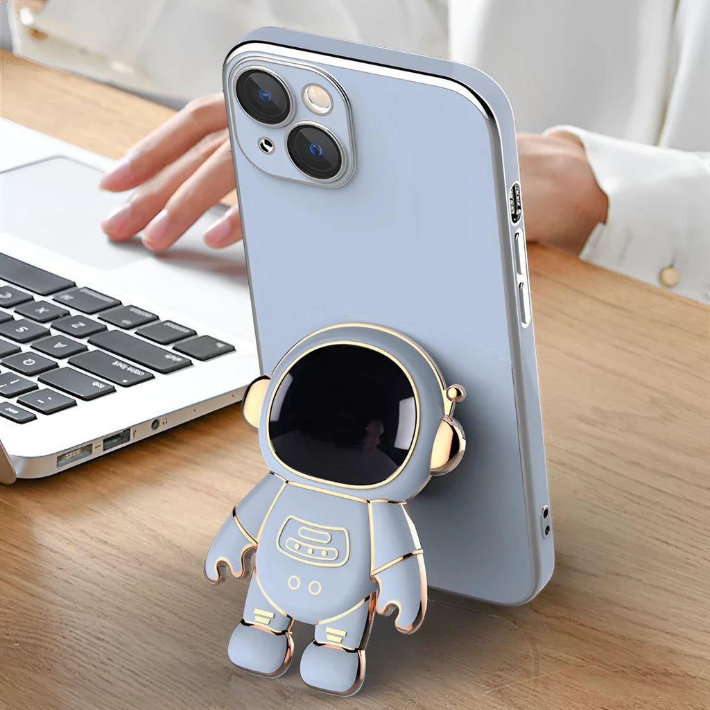 3D astronaut TPU phone case with electroplating bracket in light cyan for iPhone