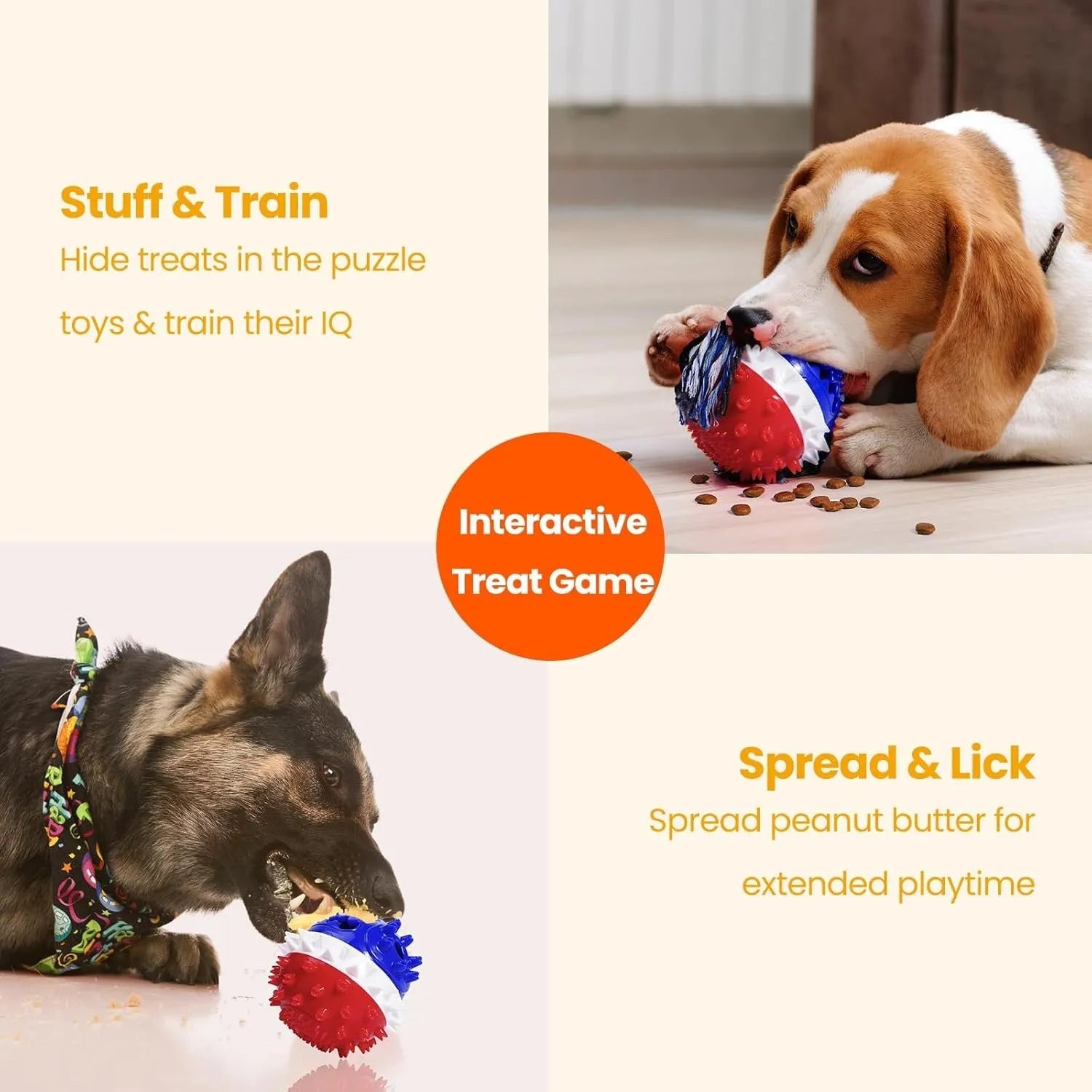 Blue and red ball-shaped dog chew toy with rope and treat hole for aggressive chewers.