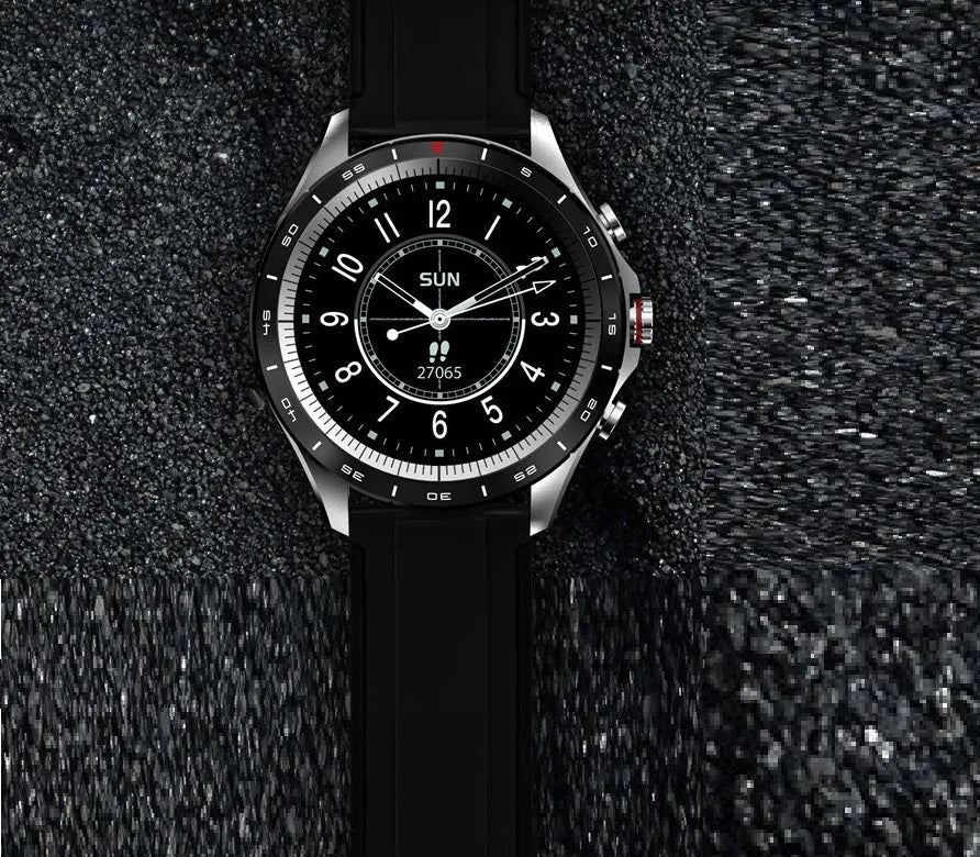 Men's black smart bracelet watch with silicone band and round touch screen display.