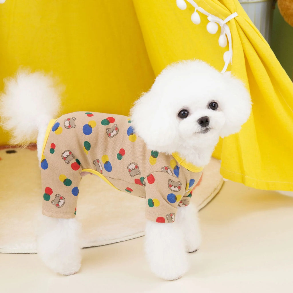 Beige dog costume with colourful ball bear design, made from cotton and spandex blend.