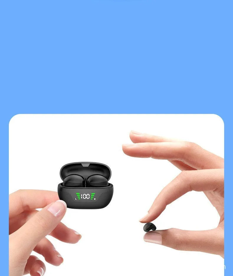 Black wireless Bluetooth headset with digital display screen and in-ear design