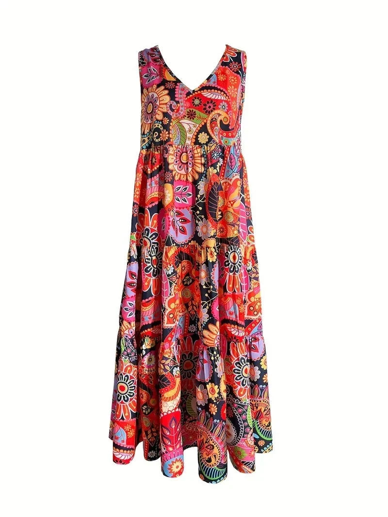 Stylish Women's Floral V-neck Swing Dress in vibrant orange red, perfect for summer outings.