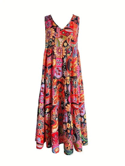 Stylish Women's Floral V-neck Swing Dress in vibrant orange red, perfect for summer outings.