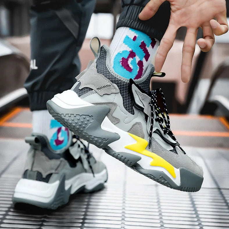 Thick-soled breathable student sneakers in grey, green, and blue with fly-woven mesh upper