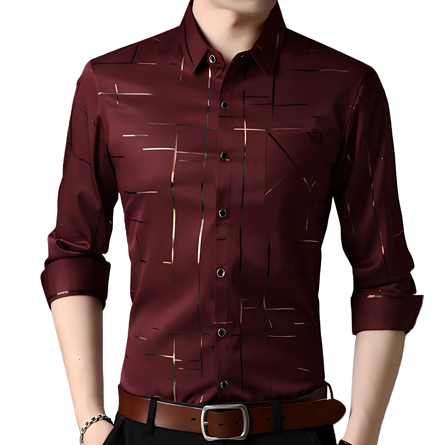 Slim fit men's long-sleeved lapel shirt dress in black with gold stripes, bust 100 cm size M