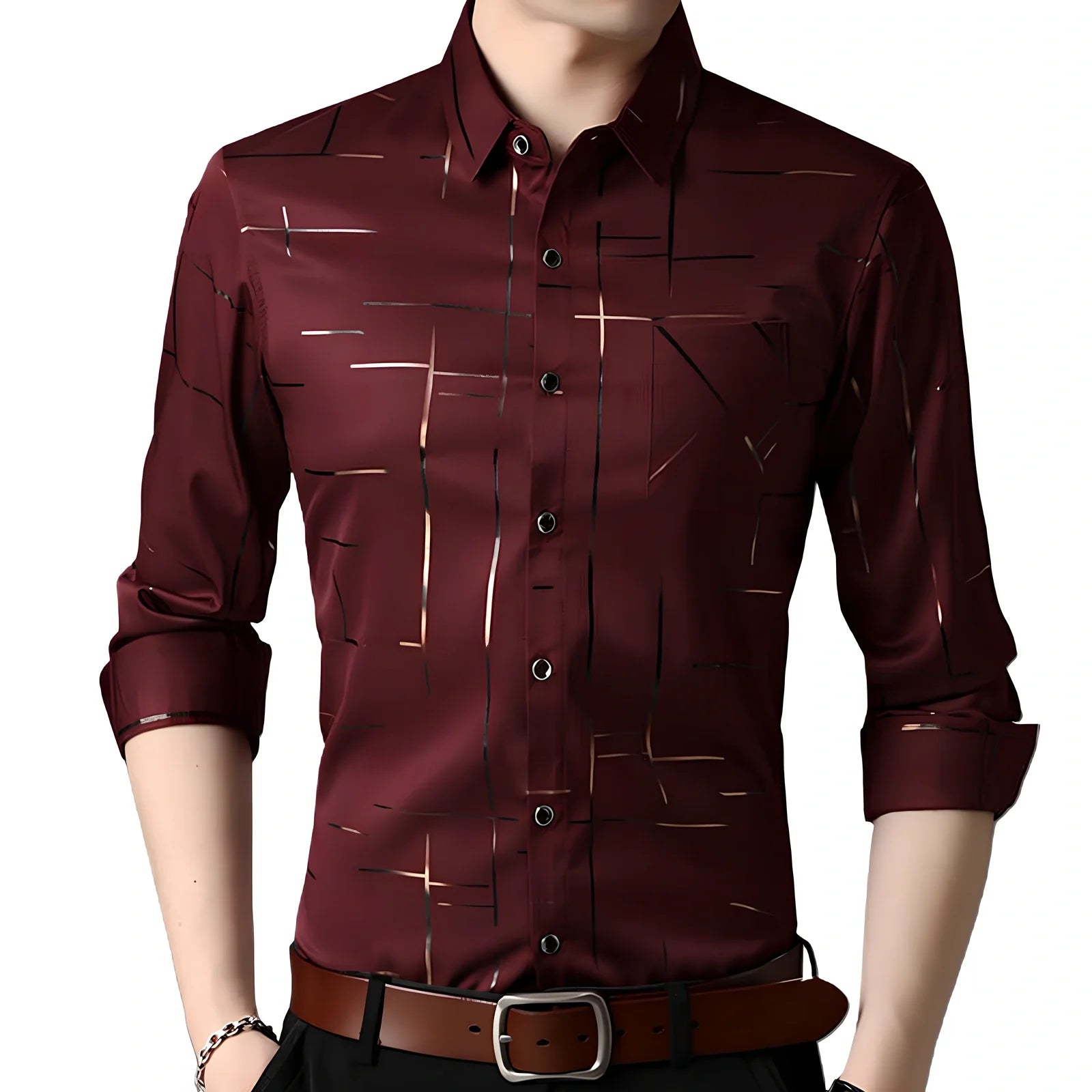 Slim fit men's long-sleeved lapel shirt dress in black with gold stripes, bust 100 cm size M