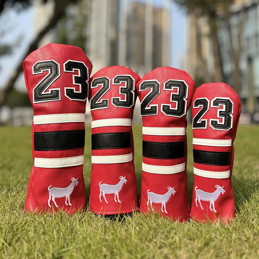 Set of four coloured PU golf club sleeves for iron head protection, including fairway, No1, and putter designs.
